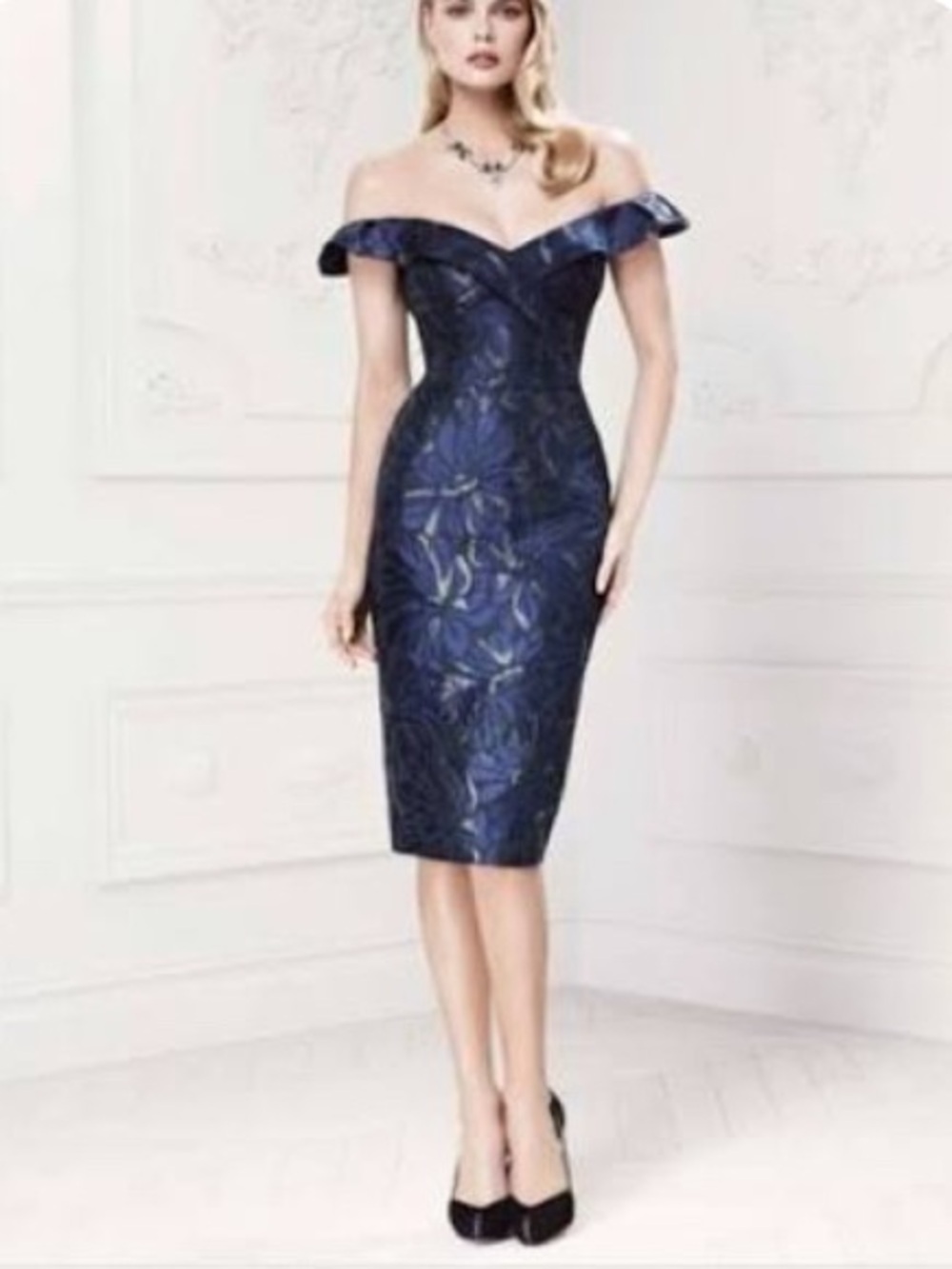 TRULY ZAC POSEN Off-Shoulder Navy Floral Jacquard Sheath Dress